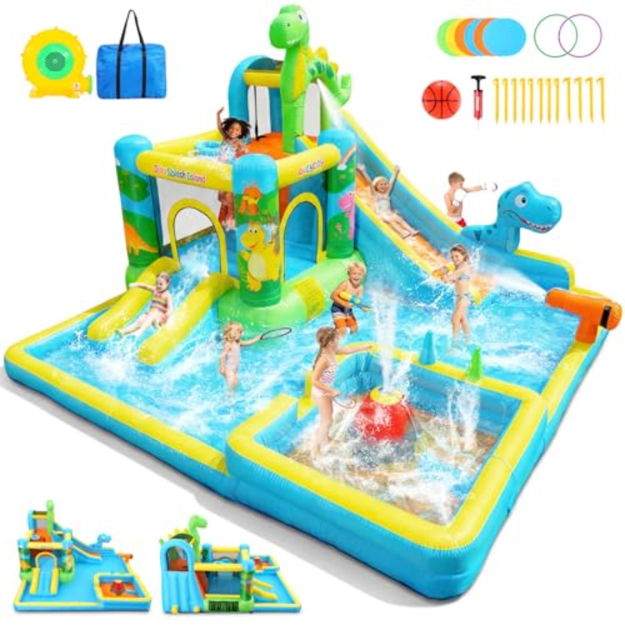 Kids Outdoor Inflatable Water Slide - Outdoor backyard inflatable water slide: dinosaur-themed