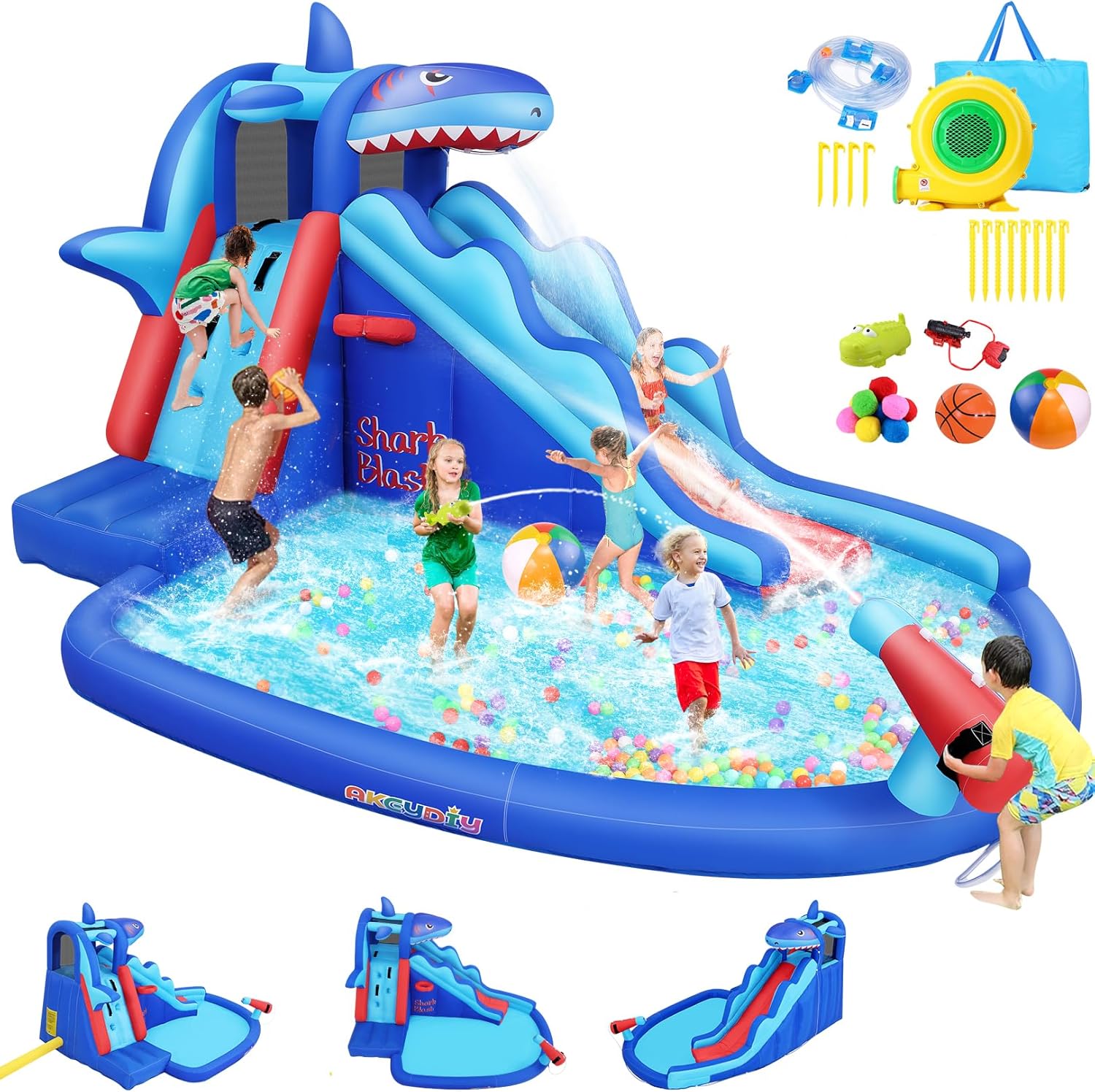 Kids Outdoor Inflatable Water Slide - Shark-Themed Inflatable Water Park for Kids: